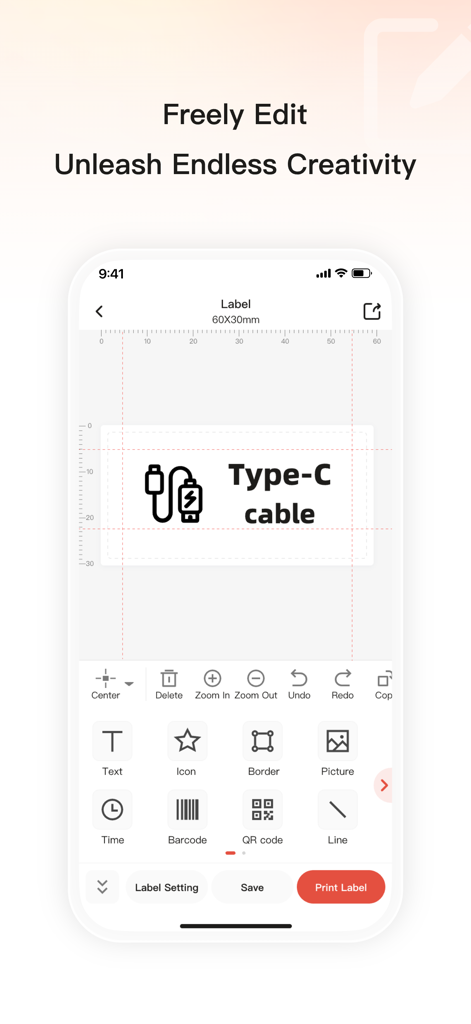 Custom label design interface in Print Master app