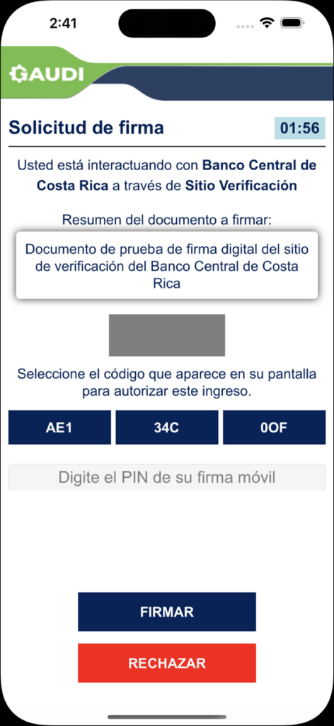 GAUDI Móvil - Écran de demande de signature numérique dans l'application GAUDI Movil pour la Banque Centrale du Costa Rica
