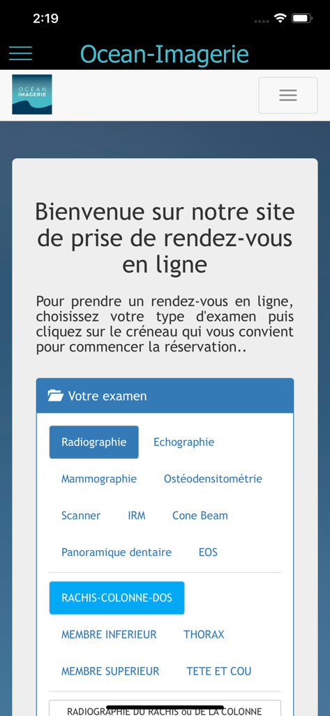 Online appointment booking interface for Ocean Imagerie medical imaging exams