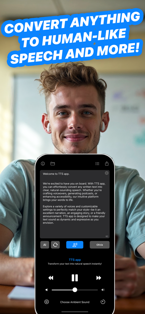 Un uomo ascolta un parlato generato dall'AI simile a quello umano tramite l'app FreeTTS sul suo smartphone.