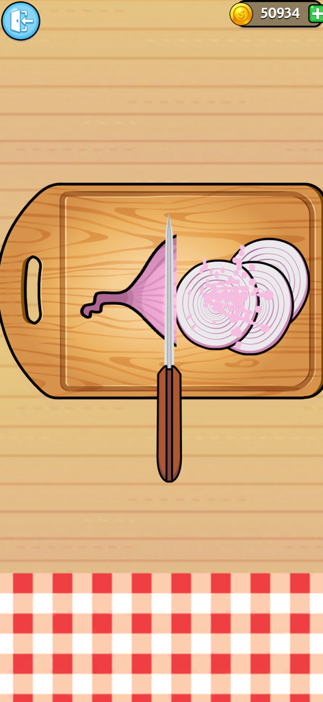 A cartoon knife slicing a red onion on a wooden cutting board in a pizza cooking simulation game.
