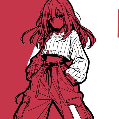 anime teen girl with baggy pants and crop top with sweater