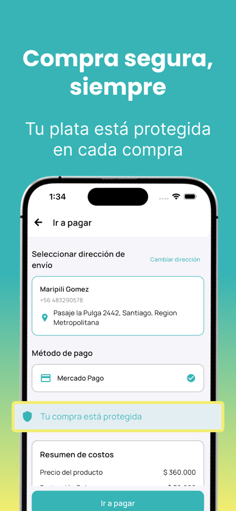Pulga: compra y vende usados - Pulga app checkout screen showing shipping address selection, Mercado Pago payment method, and a buyer protection guarantee highlight.