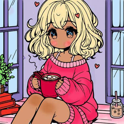 cute anime girl reading book and drinking hot chocolate from mug with loose wavy hair wearing a baggy sweatshirt and shorts sitting by windowsill looking out