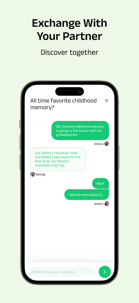 Kuizu: Couples Relationship AI - A smartphone screen displaying a chat interface where a couple shares childhood memories through a relationship app prompt.
