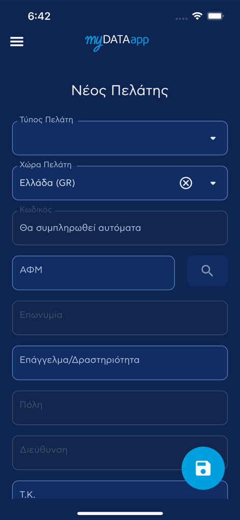 Pantalla móvil que muestra un formulario para añadir un nuevo cliente con campos para información fiscal y detalles comerciales.