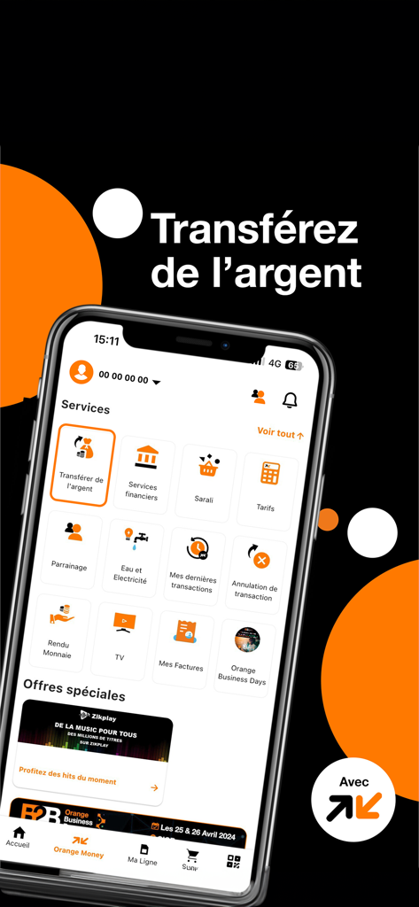 Orange Max it – Mali - Interface of the Orange Max it Mali app showing options for money transfers and financial services
