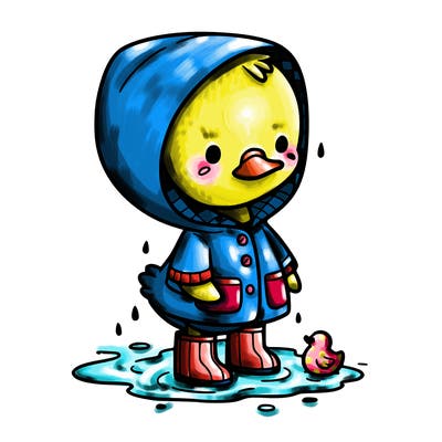 baby duck in a rain coat and boots, in a puddle while it’s raining