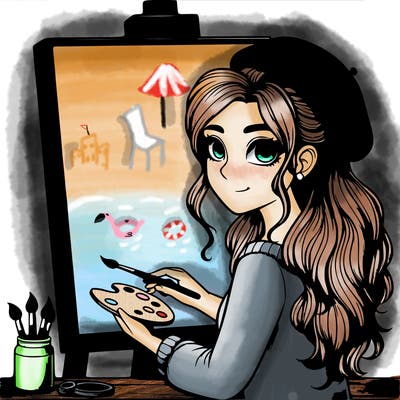 realistic girl artist painting a blank canvas