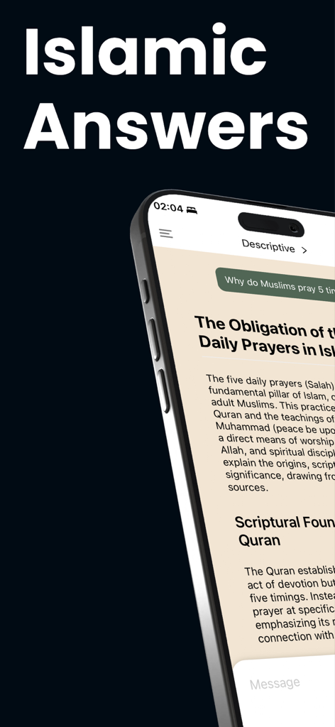 Ilm AI Quran app interface showing Islamic answers about daily prayers.