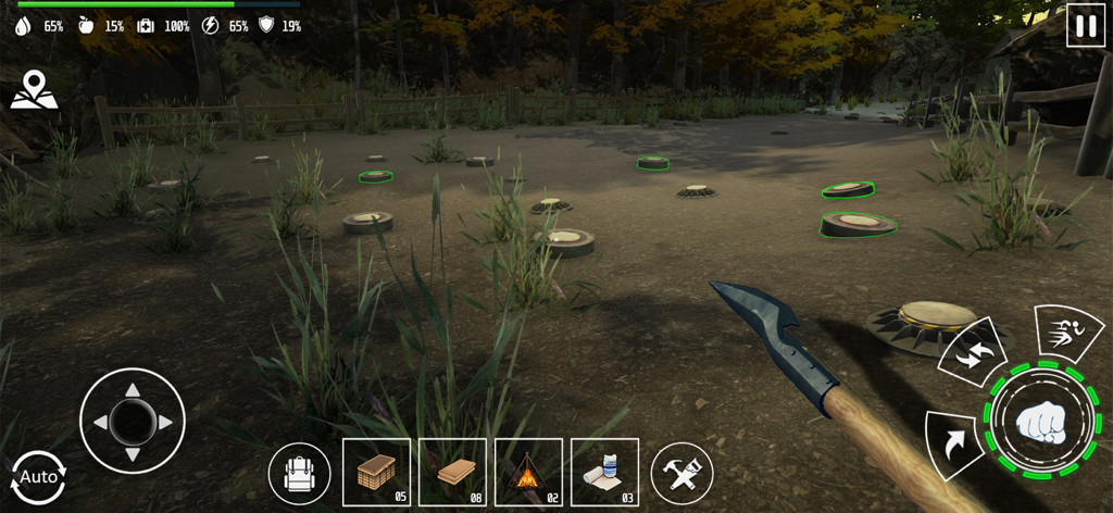 Woodcraft Survival Island Game - First person gameplay of Woodcraft Survival Island Game showing the player holding a spear with survival UI elements