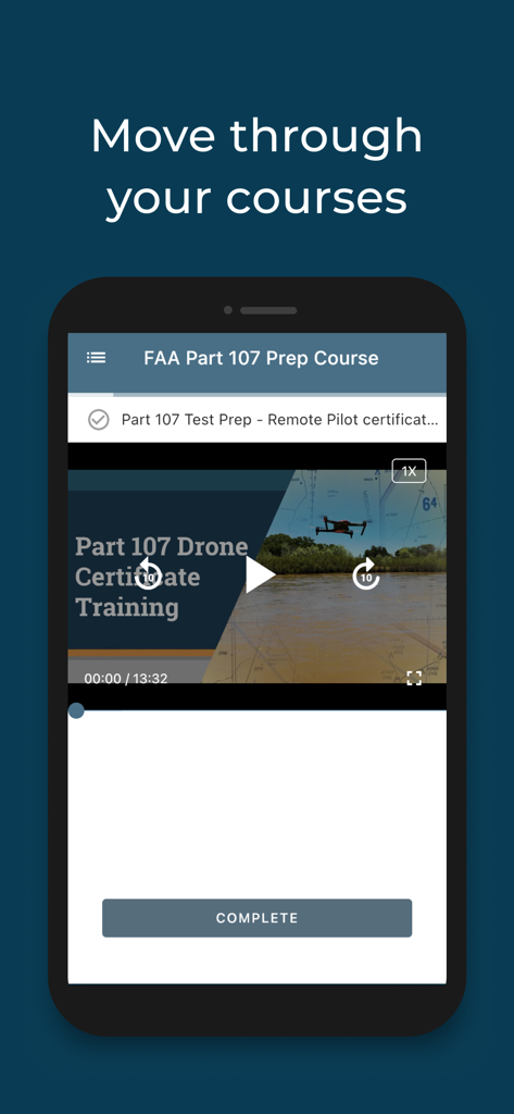 Uma lição em vídeo para o treinamento de certificado de drone FAA Parte 107 dentro do aplicativo Drone U.