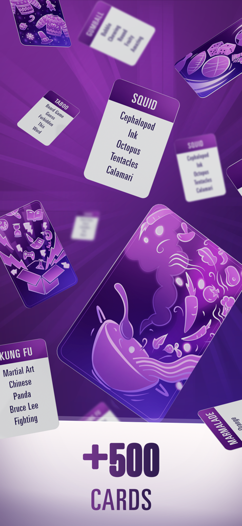 A collection of digital Taboo game cards with categories like Squid and Kung Fu and a text overlay indicating over five hundred cards