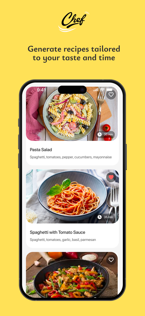 AI Chef - Pantalla de la aplicación Chef IA que muestra varias sugerencias de recetas, incluyendo pasta y salteado.