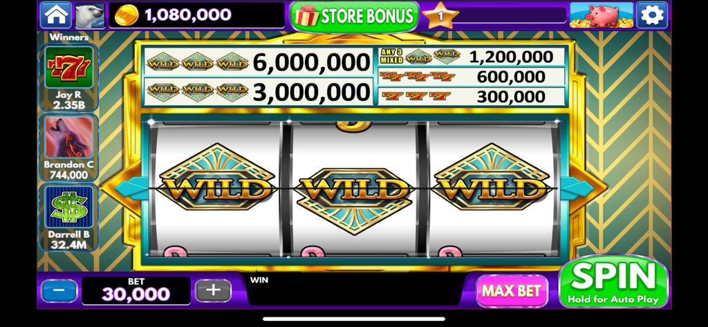 Spin Vegas Slots: VIP Casino - Classic three-reel slot machine gameplay in Spin Vegas Slots showing a winning combination of three wild symbols.