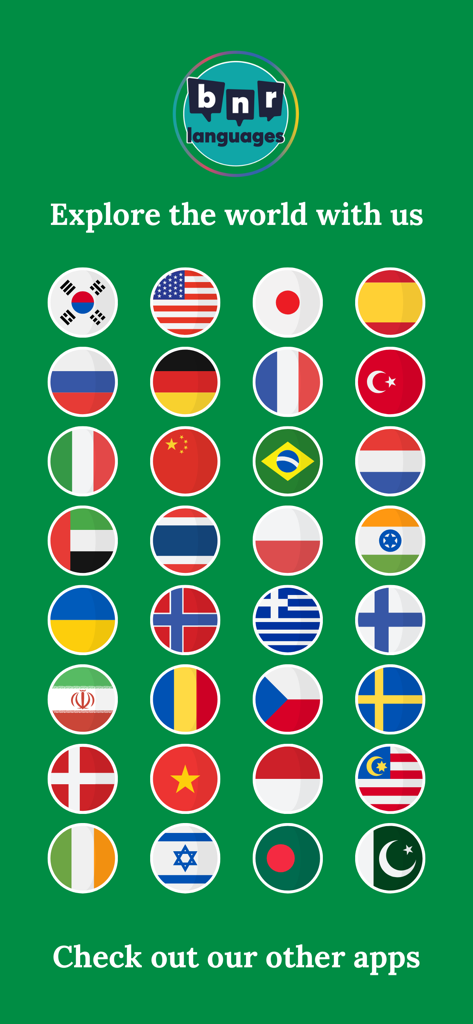 Learn Italian (Beginners) - Una cuadrícula de banderas internacionales que muestra la variedad de aplicaciones de aprendizaje de idiomas ofrecidas por BNR Languages