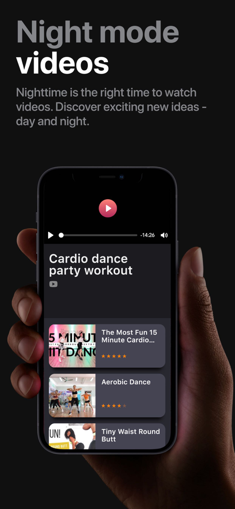 Smartphone screen displaying fitness video tutorials with night mode enabled