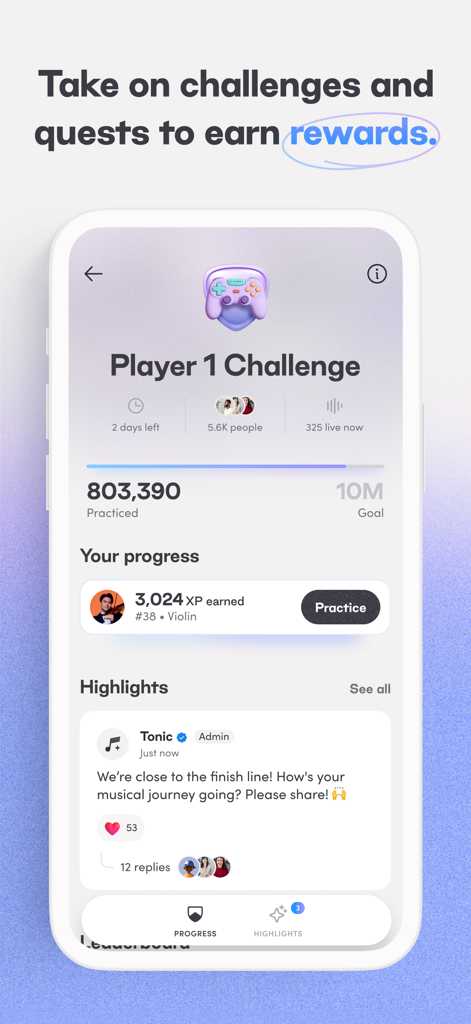 Tonic Music - Una captura de pantalla de la aplicación Tonic Music que muestra el progreso en un desafío de práctica musical con recompensas de XP y aspectos destacados de la comunidad.