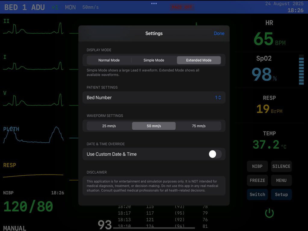 EKG Simulator - Menú de configuración de la aplicación Simulador de ECG que muestra modos de visualización y configuración de formas de onda
