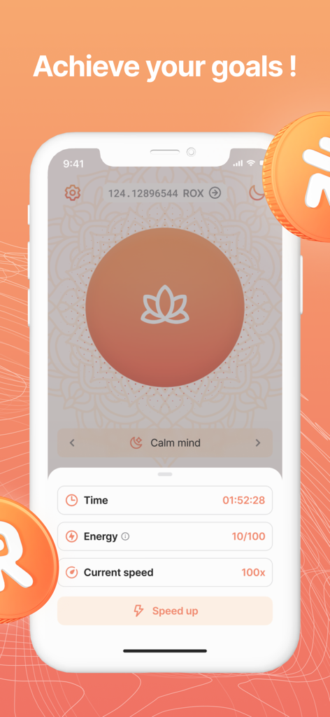 Robox Relax - Breathe & Earn - Interface of the Robox Relax app showing a breathing session in progress with crypto rewards and energy levels