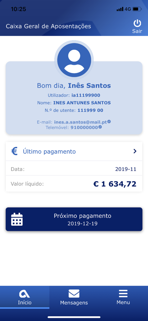 CGA Directa - Painel do aplicativo CGA Directa mostrando perfil do usuário e detalhes de pagamento da pensão