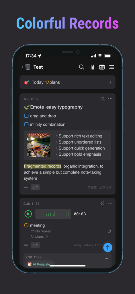 Emote - AI Note - Interface of Emote AI Note app showcasing rich text editing and voice records in dark mode
