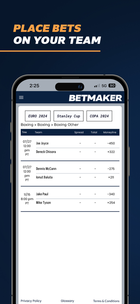 BetMaker™ Sports Odds - A mobile phone displaying the BetMaker app interface with moneyline odds for boxing matches including Jake Paul versus Mike Tyson