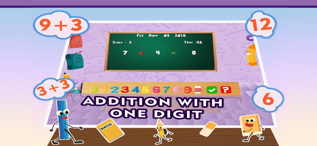 Math Addition Quiz Kids Games - Kids math game showing a single digit addition problem on a blackboard