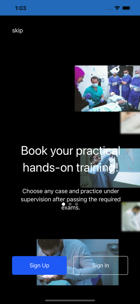SPC Academy - SPC Academy App-Bildschirm für die Buchung von praktischem klinischem Training mit Anmelde- und Registrierungsoptionen