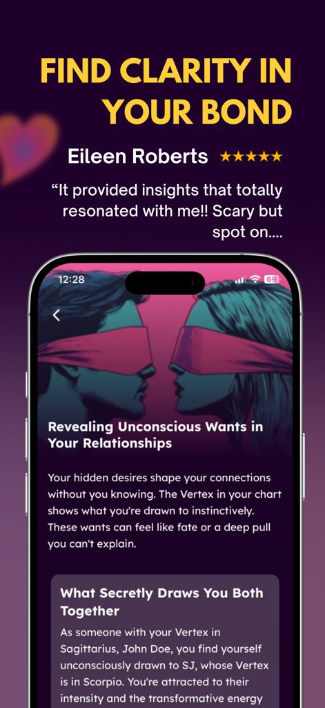 Up Astrology app interface showing a relationship compatibility report and a five star user testimonial