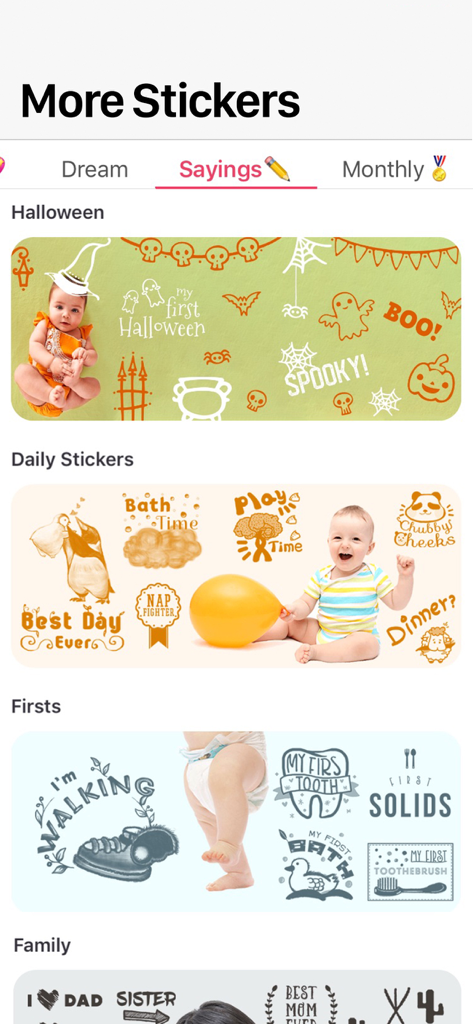 A screen displaying different sticker packs for baby photos including Halloween and daily milestones.