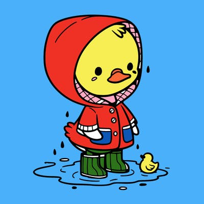 baby duck in a rain coat and boots, in a puddle while it’s raining