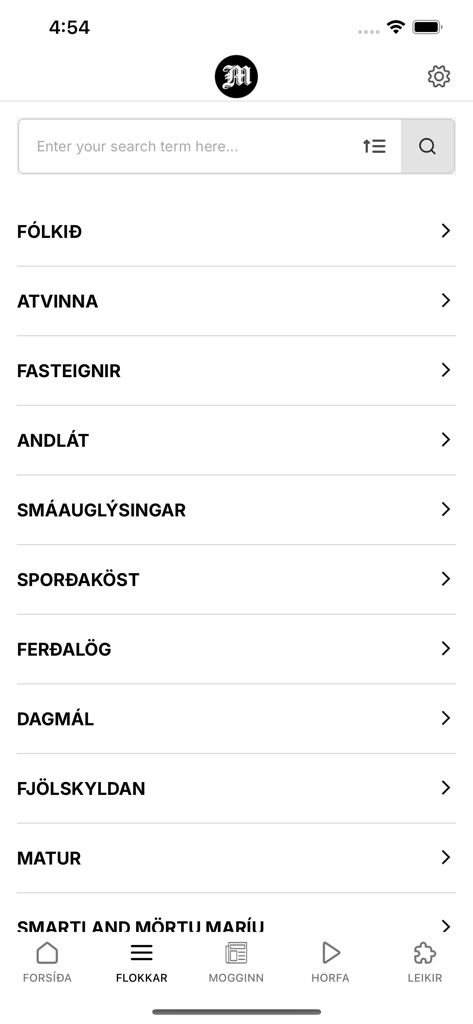 The Mogginn app interface showing a list of news categories including People Jobs and Real Estate