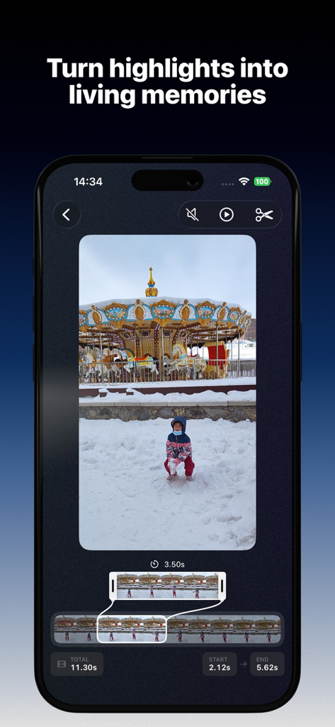 LiveGrab - LiveGrab app interface showing a video of a child being edited into a Live Photo with precision trimming tools
