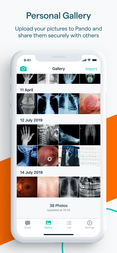 Pando - Connecting Healthcare - Interface de l'application Pando montrant une galerie de photos cliniques sécurisées avec des radiographies et des images médicales organisées par date.