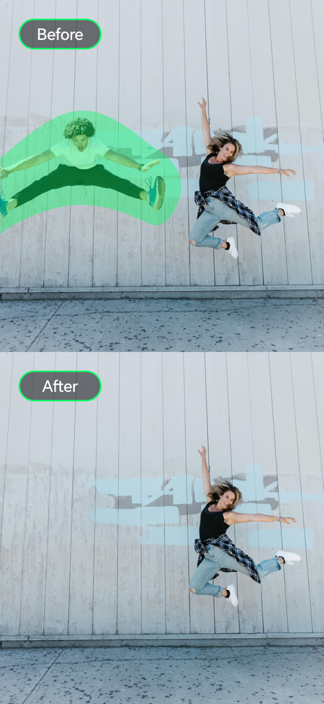 Retouch AI:Pimple Remover - Before and after comparison of the AI object removal tool erasing a person from a photo