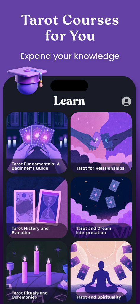 Mobile app screen displaying various tarot educational courses including fundamentals and spirituality.