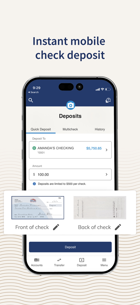 SDFCU Digital Banking - SDFCU mobile app screen showing the instant check deposit feature with fields for account selection and check images.