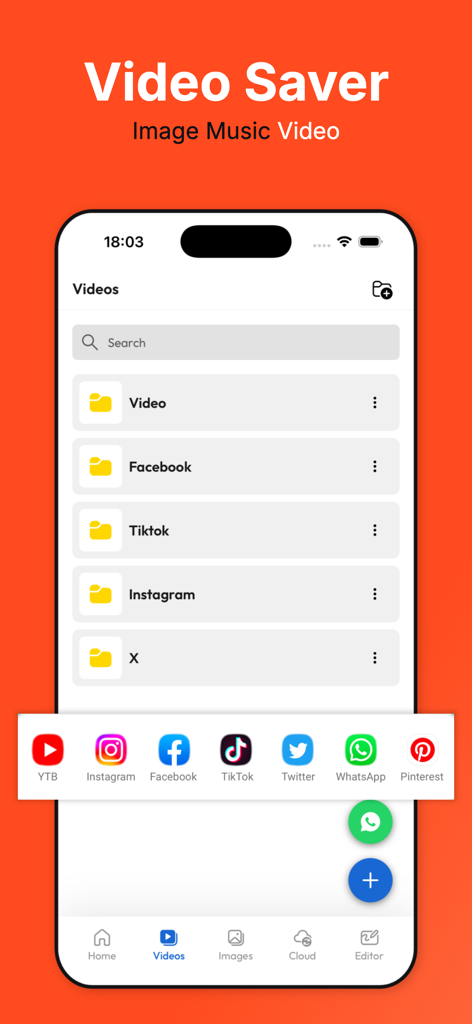 Mobile app interface of Video Saver showing organized video folders for social media platforms like TikTok and Instagram.