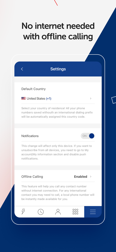 KeepCalling International - Le menu des paramètres de l'application KeepCalling affiche la fonction d'appel hors ligne permettant de passer des appels internationaux sans connexion Internet.
