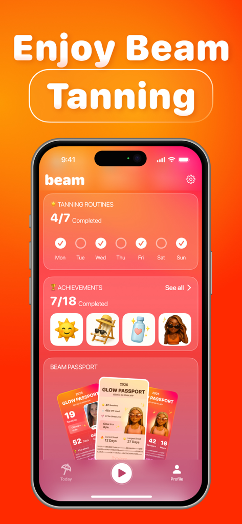 Beam Tanning - Get Tan Fast - Beam Tanning app dashboard showing weekly routines tracker and user achievements