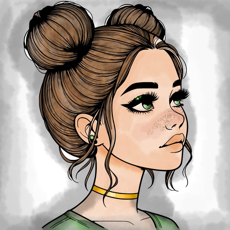 realistic girl with buns on the top of her head
