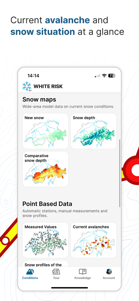 The White Risk app displaying current snow maps and avalanche data for Switzerland.