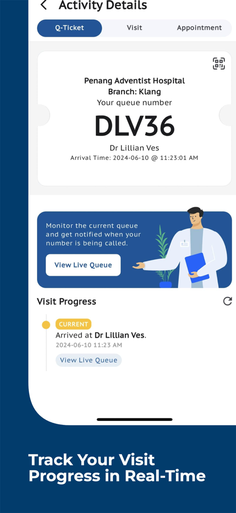 PatientHub by EncoreMed - Digital queue ticket showing real-time visit progress in the PatientHub app