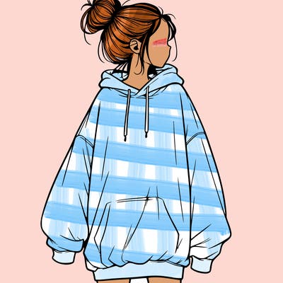 realistic girl with a oversized sweatshirt on and a bun
