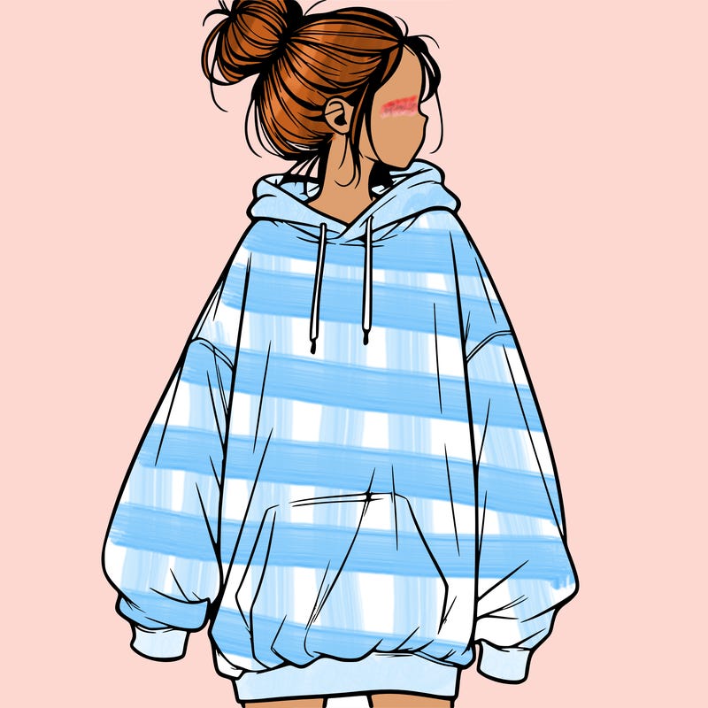 realistic girl with a oversized sweatshirt on and a bun