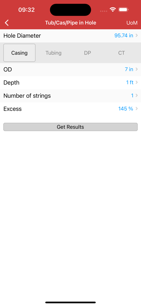 Halliburton eRedBook® Mobile - Halliburton eRedBook Mobile app calculation screen for casing and pipe in hole dimensions