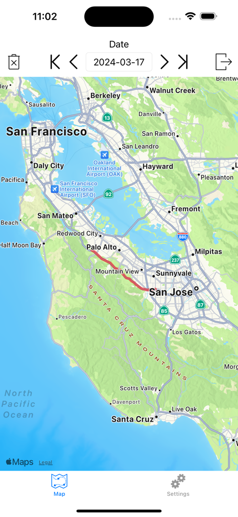 DailyGPX - Captura de tela do aplicativo DailyGPX mostrando uma trilha de localização vermelha em um mapa da Área da Baía de São Francisco.