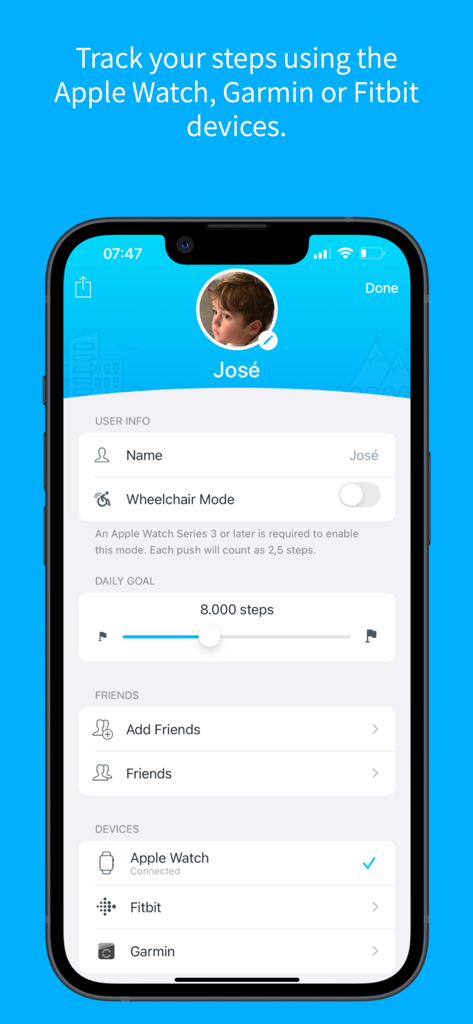 Social Steps - User profile screen of Social Steps app showing daily step goal settings and connected wearable devices like Apple Watch
