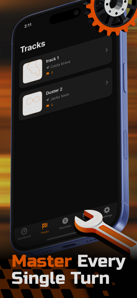 GG: Gas Grip - Interface of the Gas Grip app showing a list of racing tracks and the Master Every Single Turn slogan